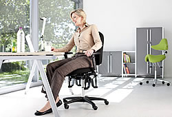Der B&uuml;rostuhl Bioswing 350. Im Hintergrund der Sattelstuhl Bioswing Boogie.